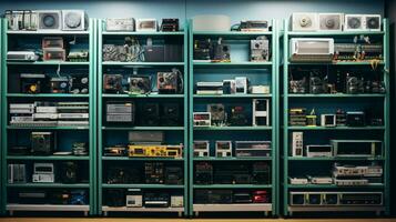 computer parts in order line equipment shelves photo