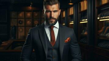 confident businessman in luxury suit holds garment photo