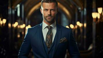 confident businessman in luxury suit holds garment photo