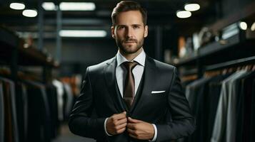 confident businessman in luxury suit holds garment photo