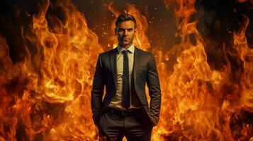 confident businessman standing in front of burning flame photo