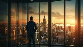 confident businessman watching city sunset through window photo