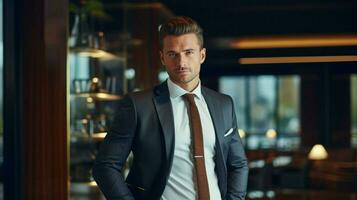 confident young businessman in modern luxury office photo