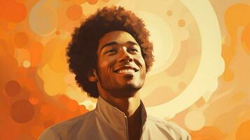 confidente joven hombre con afro sonriente dentro foto