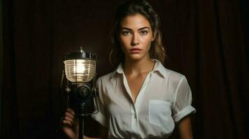 confident young model holds camera in spotlight photo