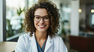 confident young woman doctor with toothy smile photo