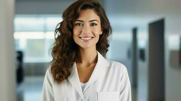 confidente joven mujer médico con con dientes sonrisa foto