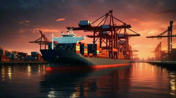 container ship unloading at commercial dock at dusk photo