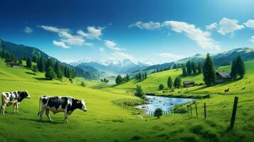 cows grazing in a green meadow a peaceful rural scene photo