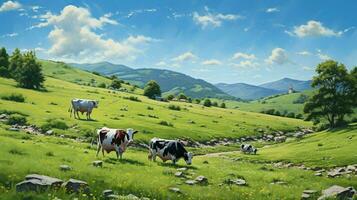 cows grazing in a green meadow a peaceful rural scene photo