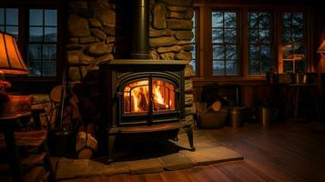 cozy wood burning stove inside of rustic home glowing photo