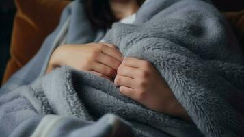 cozy wool blanket on sofa hand holding pillow for relaxation photo