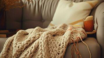 cozy wool blanket on sofa hand holding pillow for relaxation photo