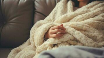 cozy wool blanket on sofa hand holding pillow for relaxation photo