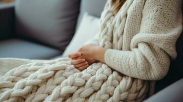 cozy wool blanket on sofa hand holding pillow for relaxation photo