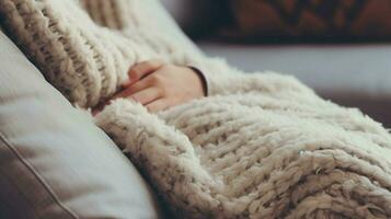 cozy wool blanket on sofa hand holding pillow for relaxation photo