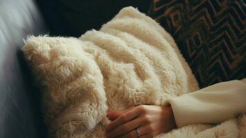 cozy wool blanket on sofa hand holding pillow for relaxation photo