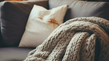 cozy wool blanket on sofa hand holding pillow for relaxation photo
