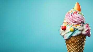 creamy ice cream cone atop multi colored backdrop photo