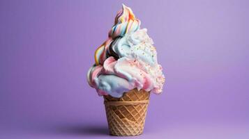 creamy ice cream cone atop multi colored backdrop photo