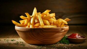 crujiente francés papas fritas en un rústico de madera cuenco insalubre foto