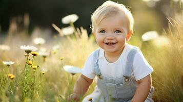 cute baby boy playing outdoors smiling with innocence photo