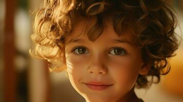 linda caucásico niño mirando a cámara cerca arriba sonriente foto