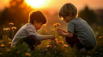 linda Niños jugando en naturaleza a puesta de sol foto