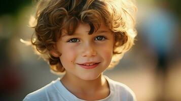 linda caucásico niño mirando a cámara cerca arriba sonriente foto