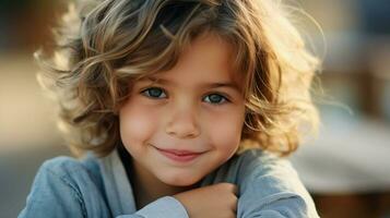 linda caucásico niño mirando a cámara cerca arriba sonriente foto