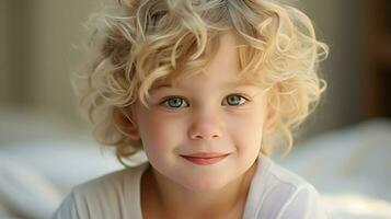 cute caucasian child looking at camera close up smiling photo