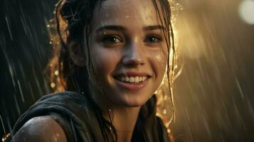 cute caucasian girl smiling looking at camera in the rain photo