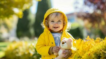 cute caucasian toddler playing outdoors holding toy smiling photo