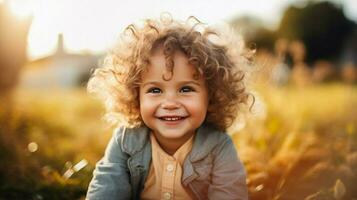 linda niño al aire libre sonriente mirando a cámara alegre foto