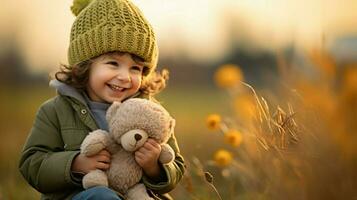 cute child smiling outdoors with toy in nature photo