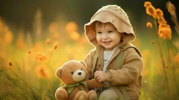 cute child smiling outdoors with toy in nature photo