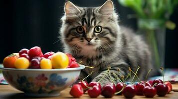 cute domestic cat eating fruit indoors looking at camera photo