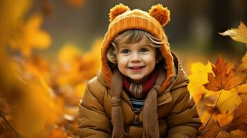 cute child playing outdoors in autumn surrounded by color photo