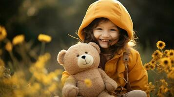 cute child smiling outdoors with toy in nature photo
