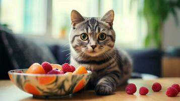 cute domestic cat eating fruit indoors looking at camera photo