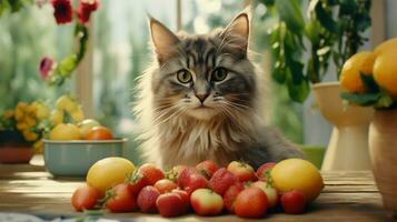 cute domestic cat eating fruit indoors looking at camera photo