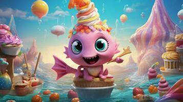 cute fish and ice cream in fantasy backdrop photo