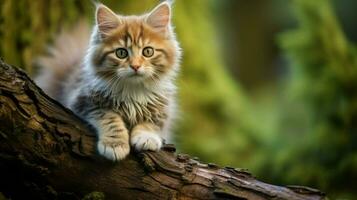 cute furry kitten sitting on tree branch looking at camera photo