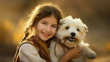 linda niña sonriente al aire libre con mascota perro foto