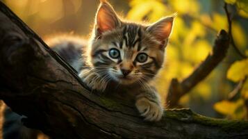 cute furry kitten sitting on tree branch looking at camera photo