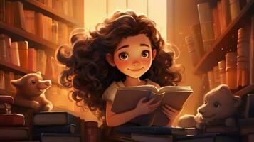 linda niña leyendo literatura en biblioteca estante foto