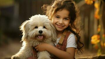 linda niña sonriente al aire libre con mascota perro foto