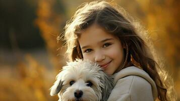 linda niña sonriente al aire libre con mascota perro foto