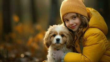 cute girl smiling outdoors with pet dog photo