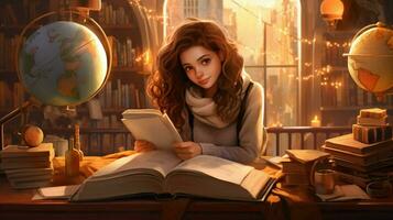 cute girl studying geography surrounded by literature photo